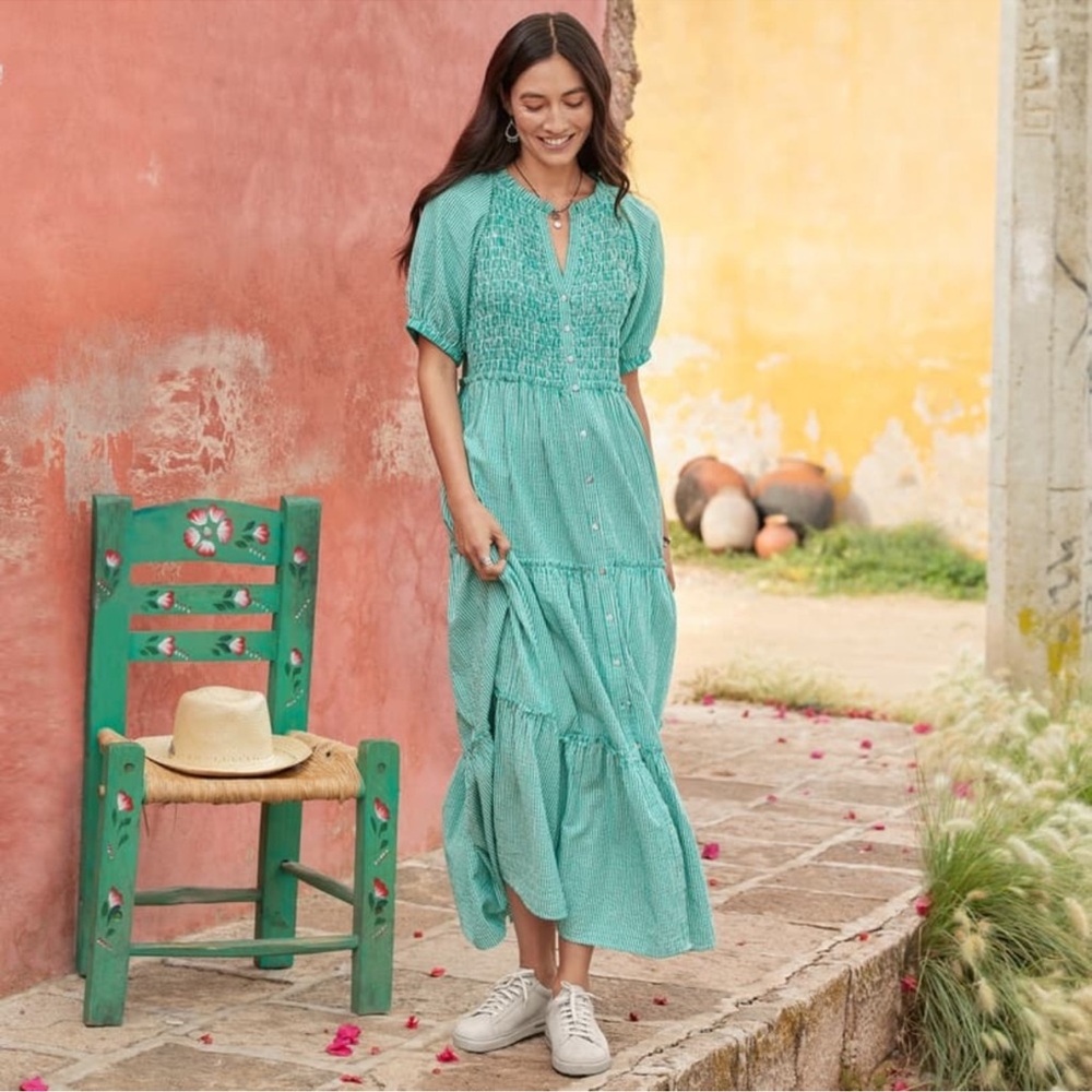 Sundance Topsail Tiered Seersucker Striped Smocked Maxi Dress